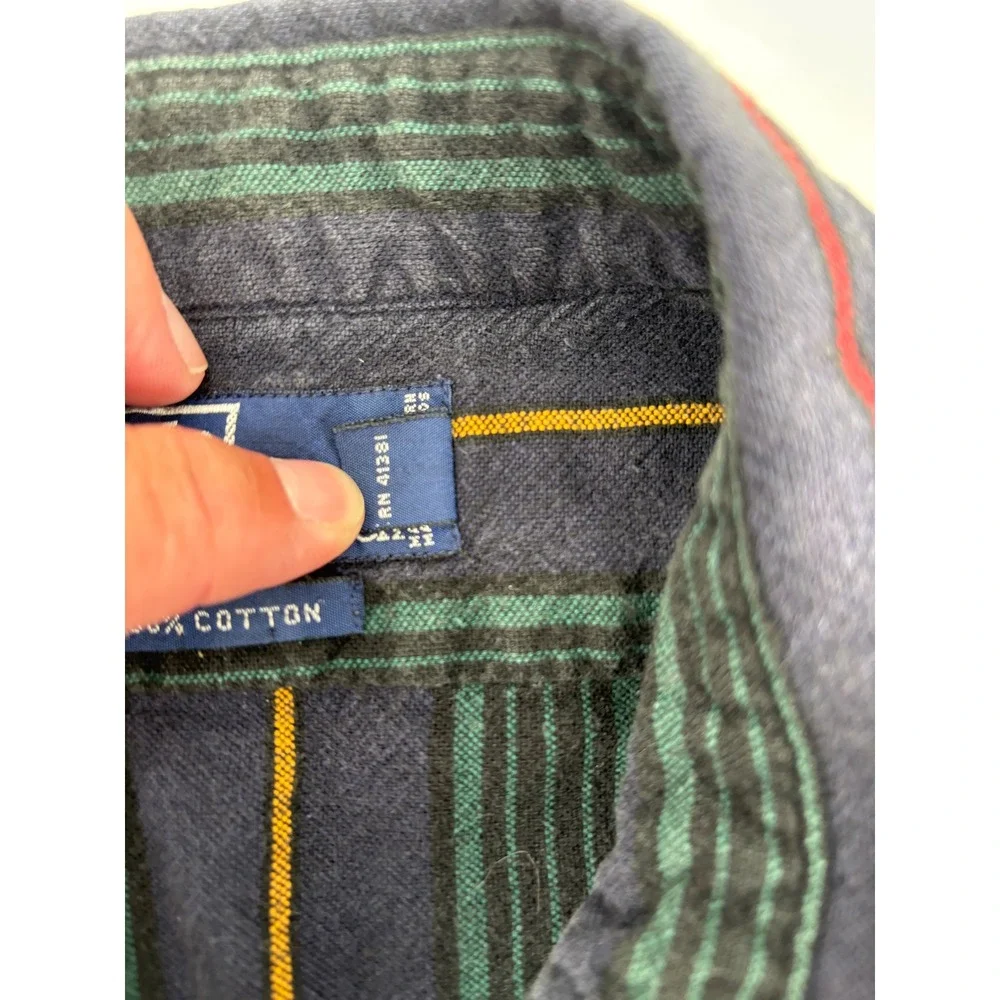 Vintage Polo Ralph Lauren Striped Button Down Shirt Mens XL Crest Patch Navy